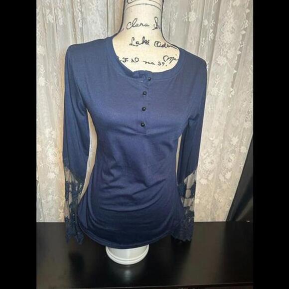 Tops - Navy Long-Sleeve Top with Lace Accents and Split Back